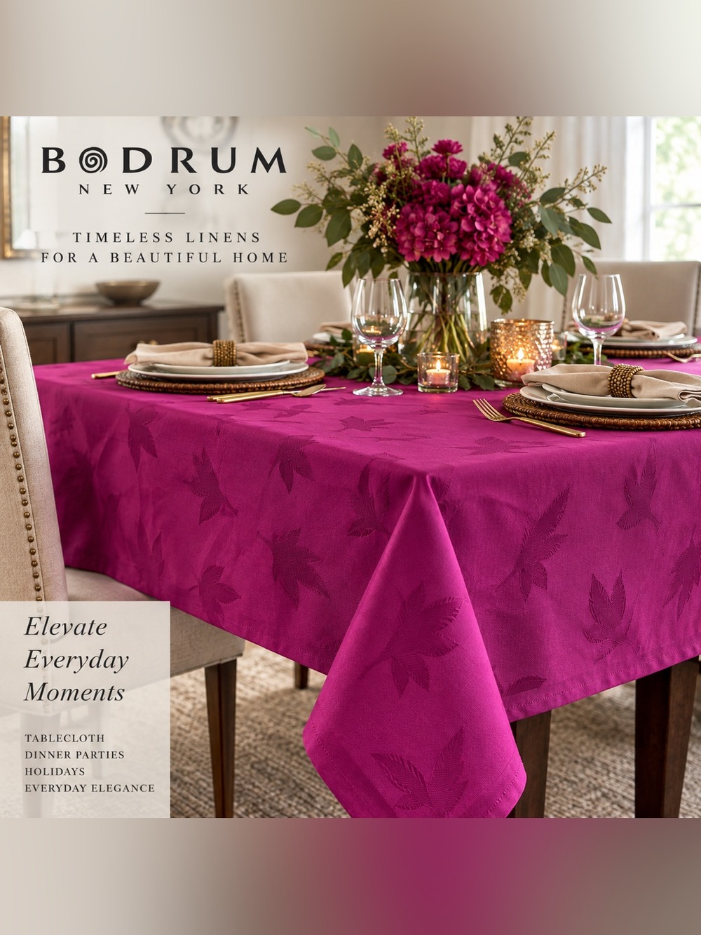 NEW Bodrum Leaves 100% Cotton Damask Tablecloth